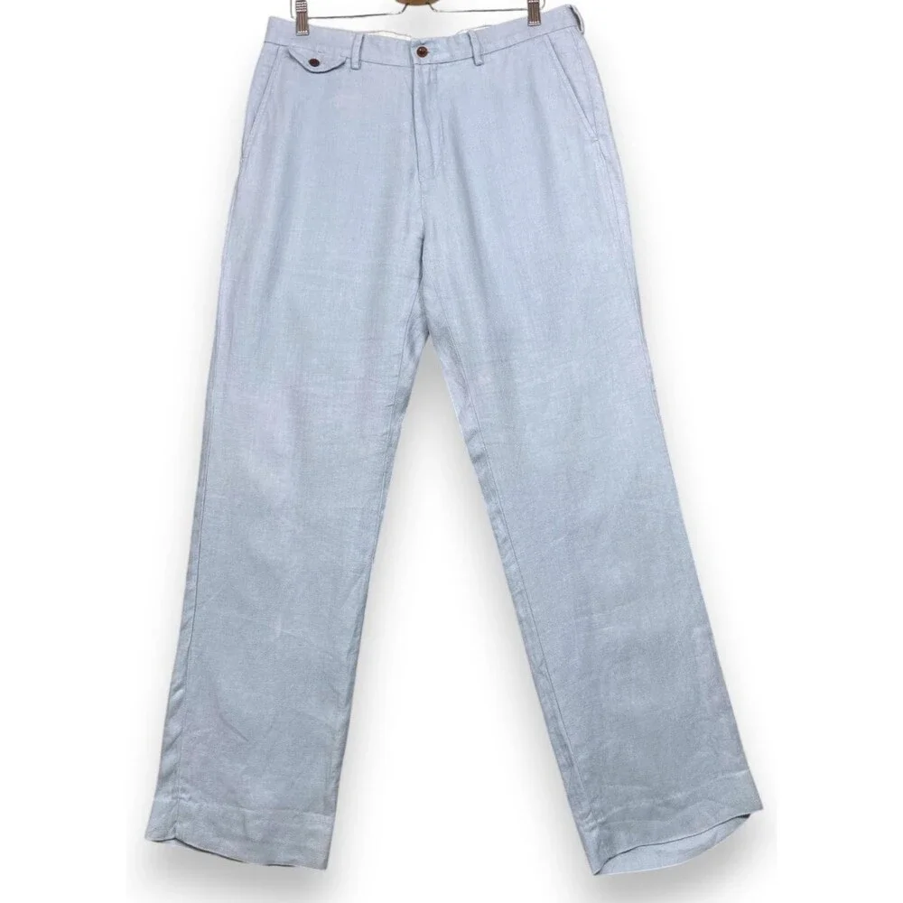 Vintage Polo Ralph Lauren Linen Pants 34x31 Light Blue Herringbone Trousers Read